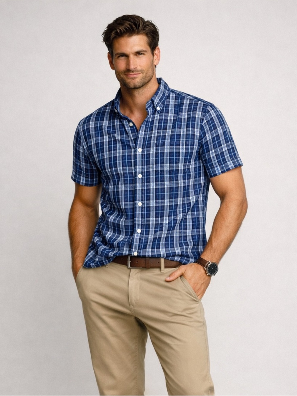 J.Crew Short-Sleeve Plaid Button-Up Shirt Blue White 100% Cotton Size L